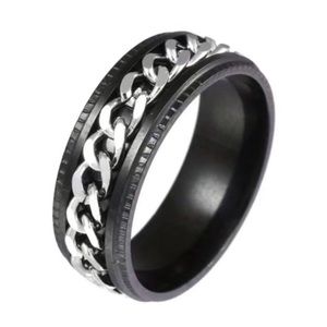 Black Silver Chain Spinner Ring • Anxiety Fidget Band • Stainless Steel